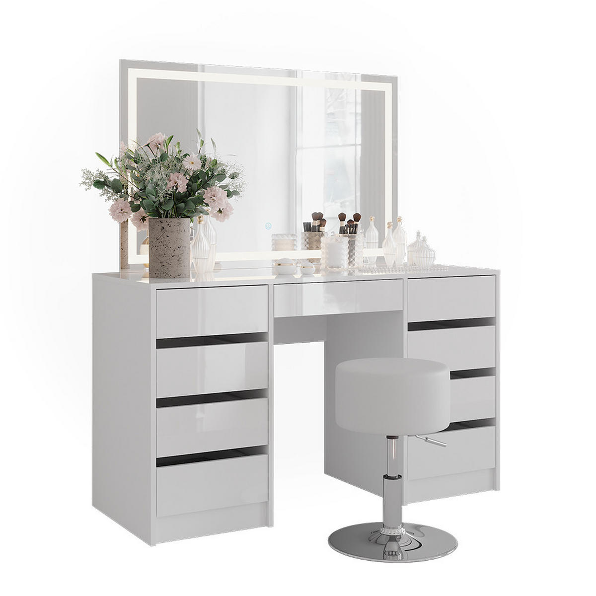 SCHMINKTISCH Sherry Weiß/Weiß Hochglanz 128.2 cm mit LED-Spiegel und Hocker - Weiß Hochglanz, Holzwerkstoff (128.2/76/50.1cm) - Vicco