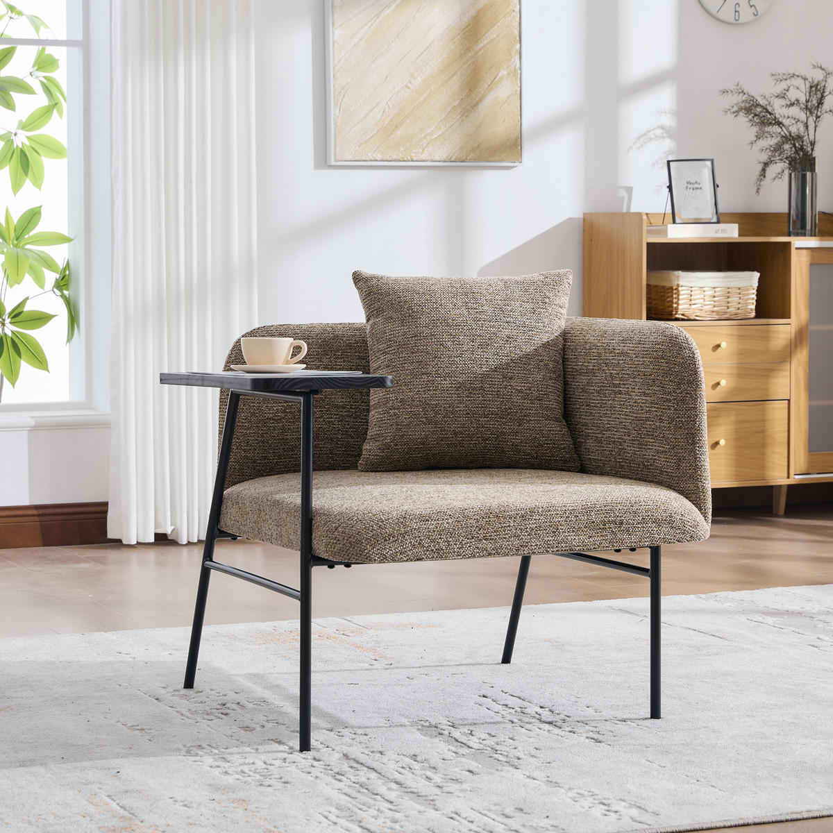 SESSEL Chenille Khaki mit Beistelltisch und Seitentaschen - Hellbraun, Textil/Metall (86/71/72cm) - WISHDOR