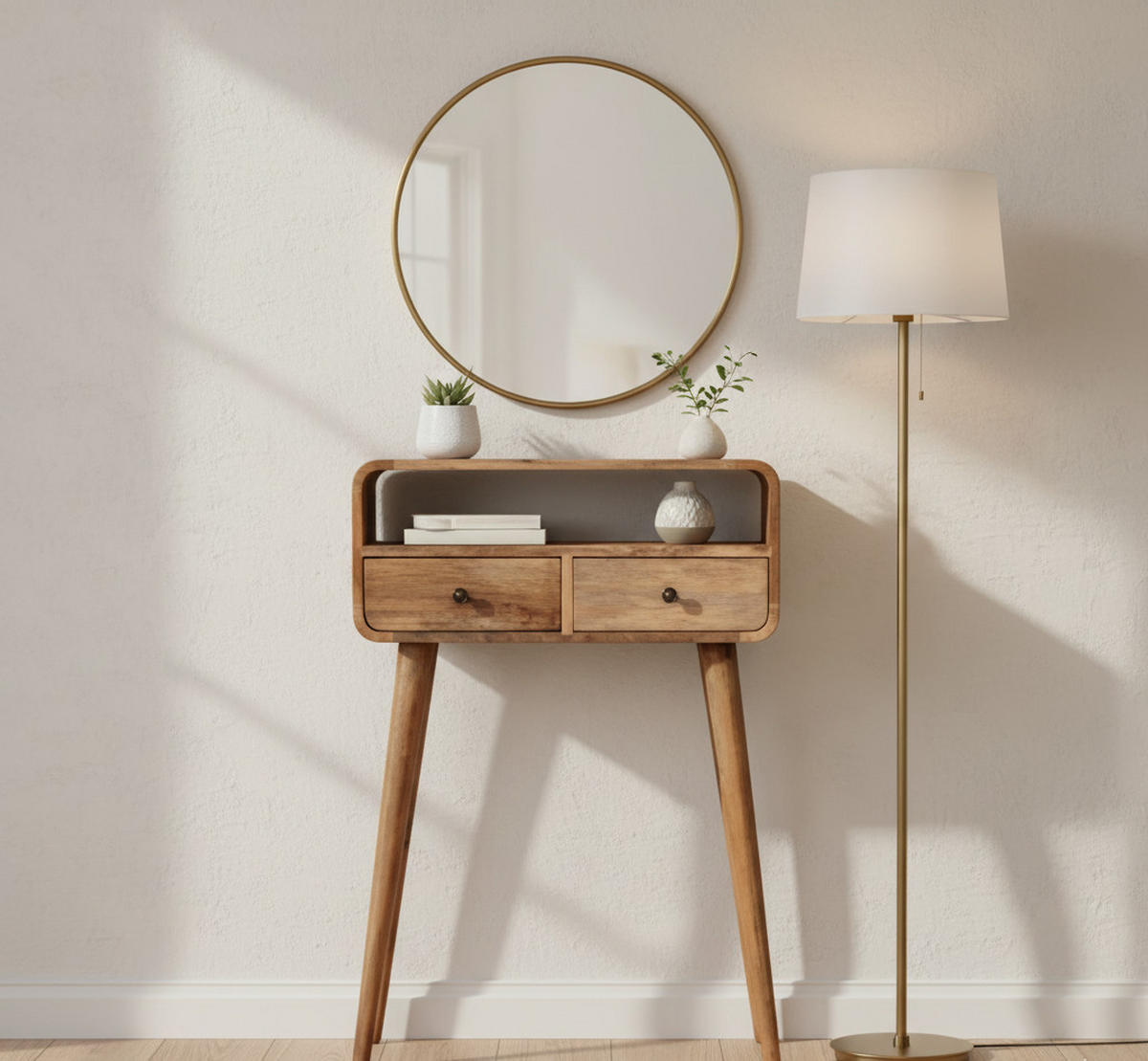 KONSOLE Mini Geschwungen Eichenoptik, 2 Schubladen und Offenes Fach, Beige - Beige/Messingfarben, Holz/Metall (30/60/90cm) - Artisan Furniture