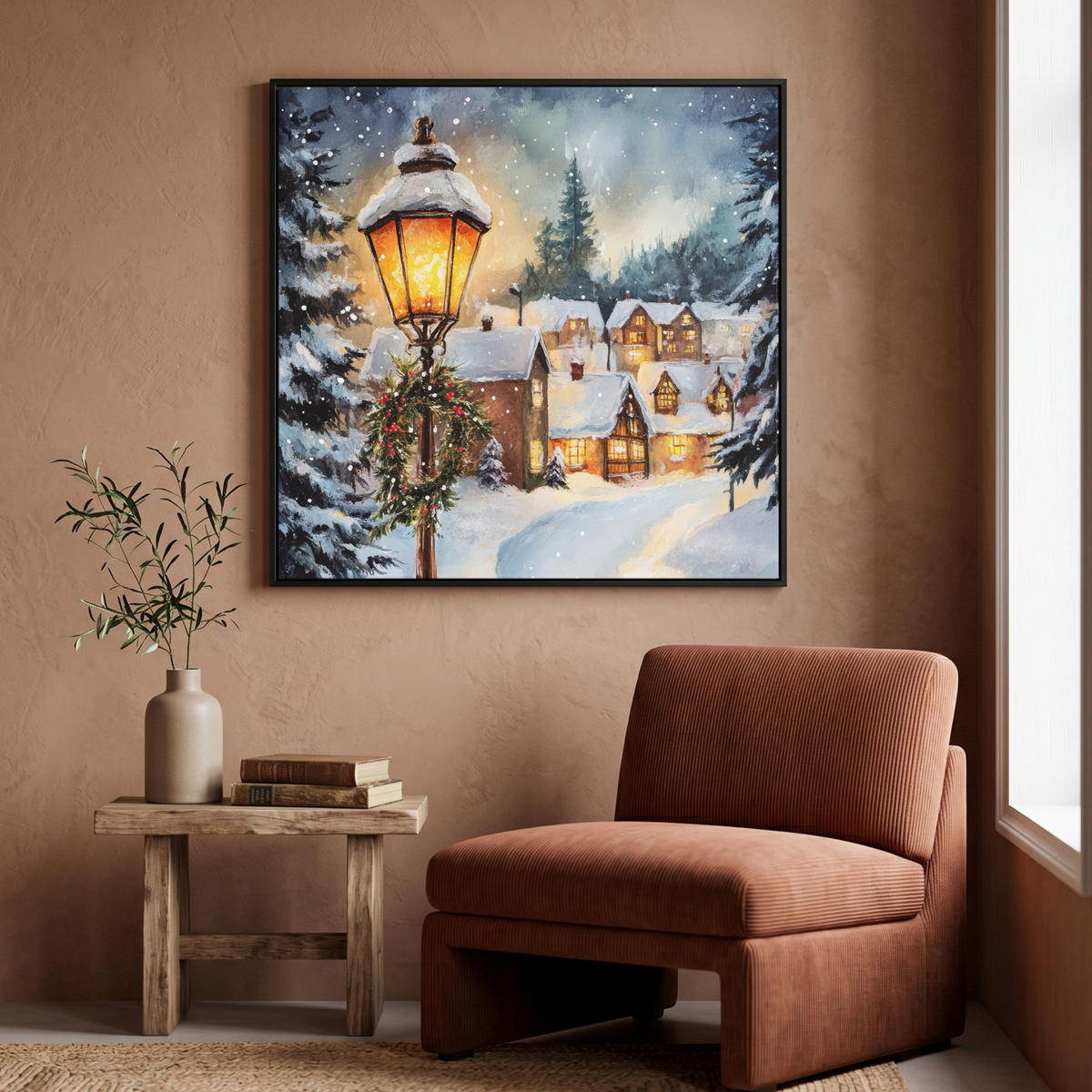 LEINWAND Bilder mit Rahmen - Weihnachtsdorf - Häuser - Schnee - Weihnachten - 90x90 - Sandfarben, Textil (90/90cm) - MuchoWow