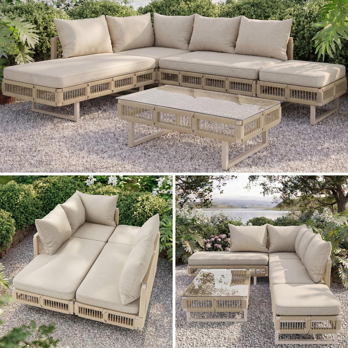 LOUNGESET, Seilgeflecht, Verstellbare Füße, Glas-Couchtisch, Beige - Beige, Metall - FLIEKS