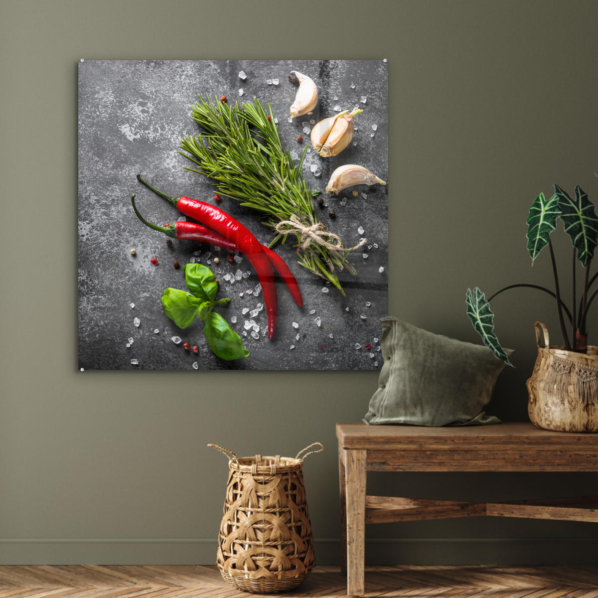 OBRAZ NA AKRYLOVOM SKLE Korenie - bylinky - korenie - betón 90x90 cm - tmavosivá, sklo (90/90cm) - MuchoWow
