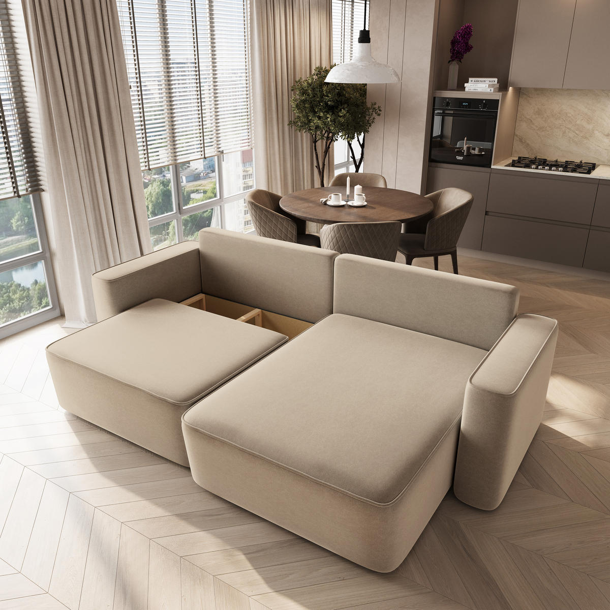 ECKSOFA BELISE CL Beige Veloursstoff mit Schlaffunktion - Beige, Holz/Textil (252/162cm) - MASSENO