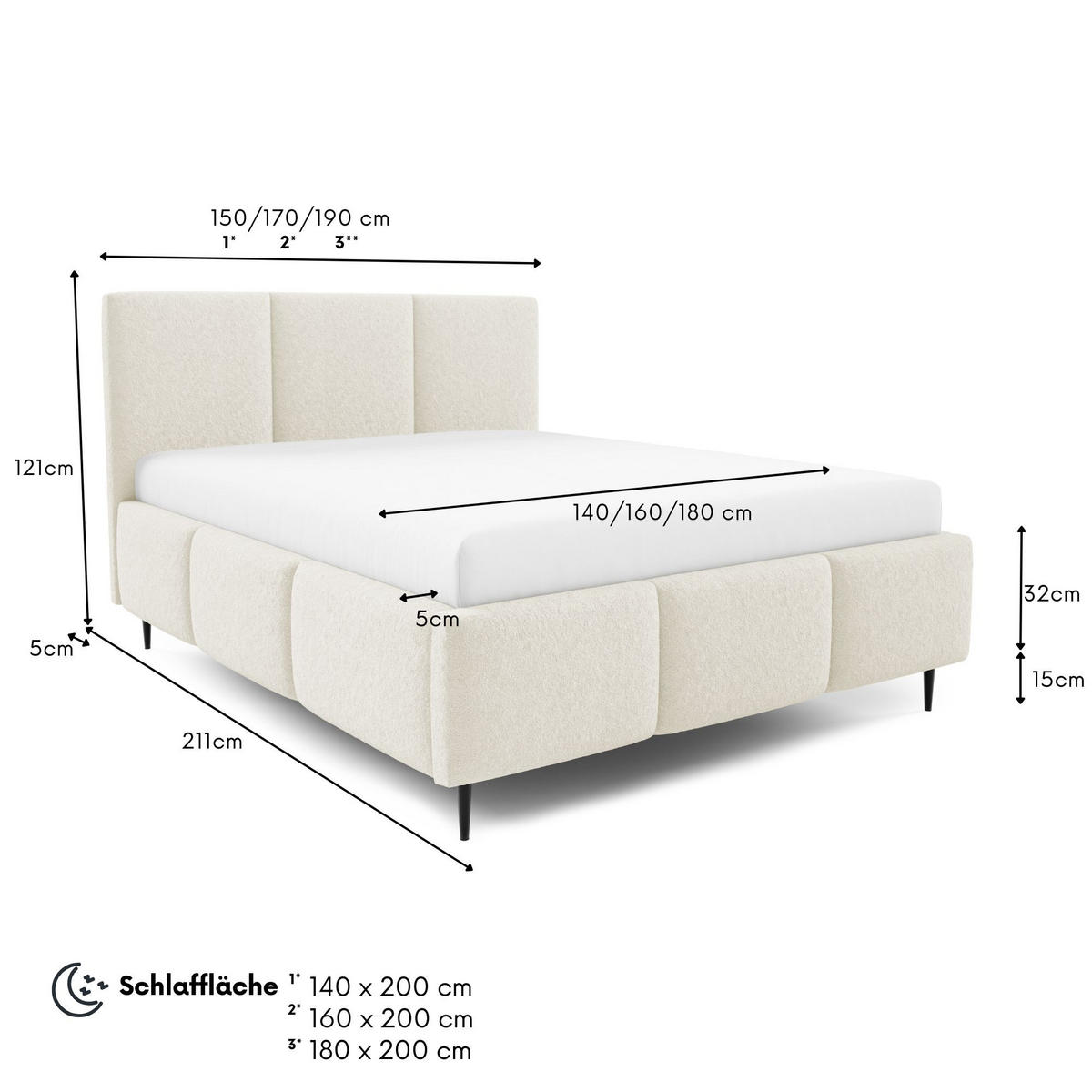 POLSTERBETT VALERIO mit Beinen mit Bettkasten, Bett 180x200,Doppelbett,Lattenrost,Boxspringbett-Optik,ohne Matratze,Schlafzimmer-Creme - Creme, Holz (180/200cm) - Furnistar