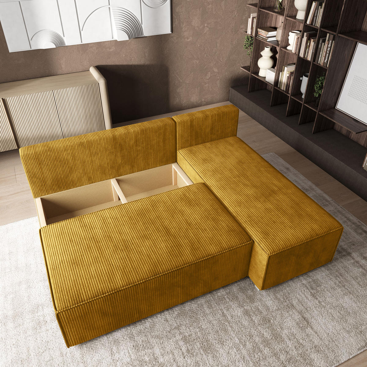 ROHOVÁ SEDAČKA BRISO žlutá - šedá/žlutá, dřevo/textil (200/140cm) - MASSENO