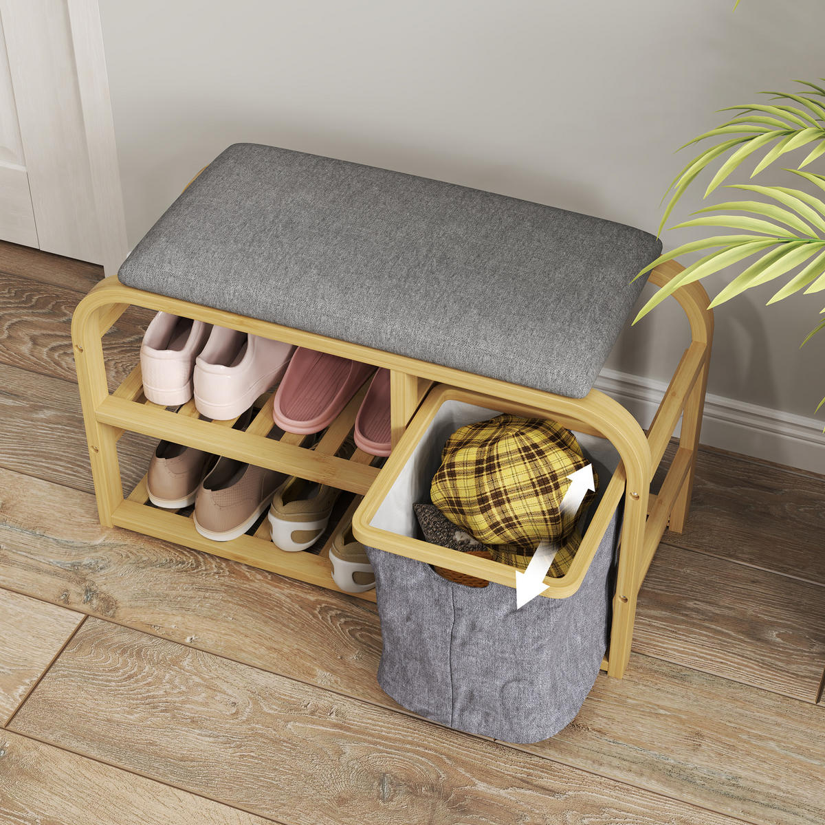 SCHUHBANK Natur mit Sitzkissen und Korb 70/30/45 cm - Naturfarben, Holz (70/45/30cm) - PANGIVO