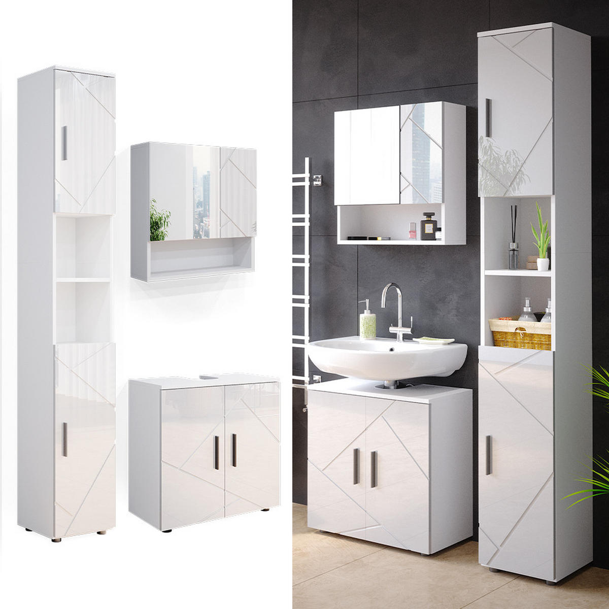 BADMÖBEL-SET Irma Weiß Hochglanz 3 Teile, mit Hochschrank - Weiß Hochglanz/Weiß, Holzwerkstoff (80/58.6/41cm) - Vicco