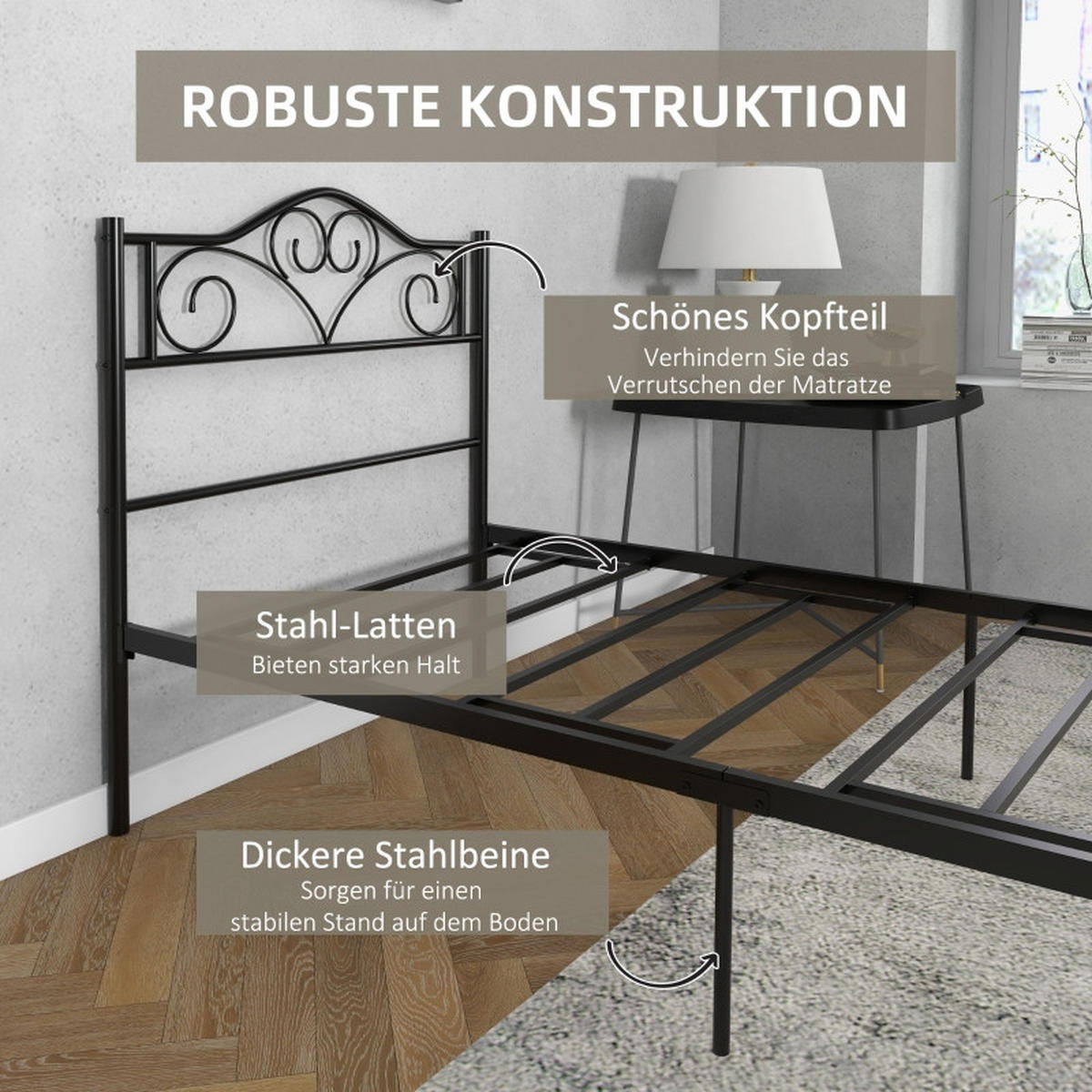 METALLBETT 90x200 cm Lattenrost schwarz - Schwarz, Metall (90/200cm) - LEBENLANG