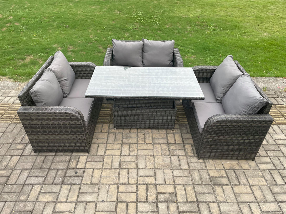 GARTENSOFA SET Polyrattan Dunkelgrau 6-Sitzer - Dunkelgrau, Metall - Fimous