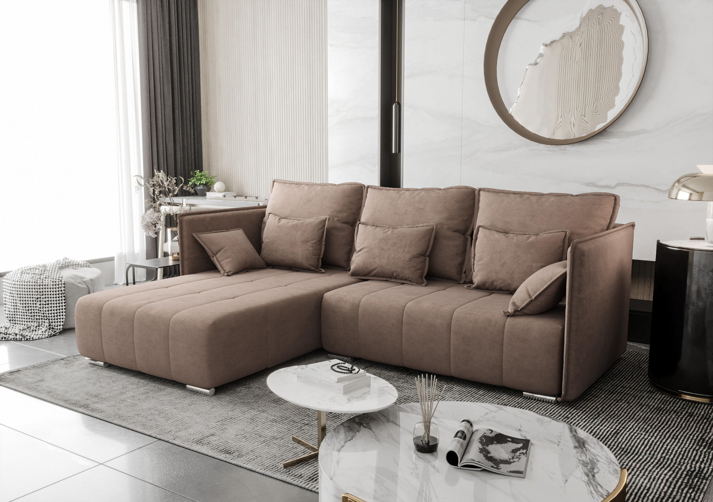 ECKSOFA L Form Florinna Hellbraun 245/182/87 cm mit Schlaffunktion - Hellbraun/Chromfarben, Textil/Metall (245/182cm) - AX Living