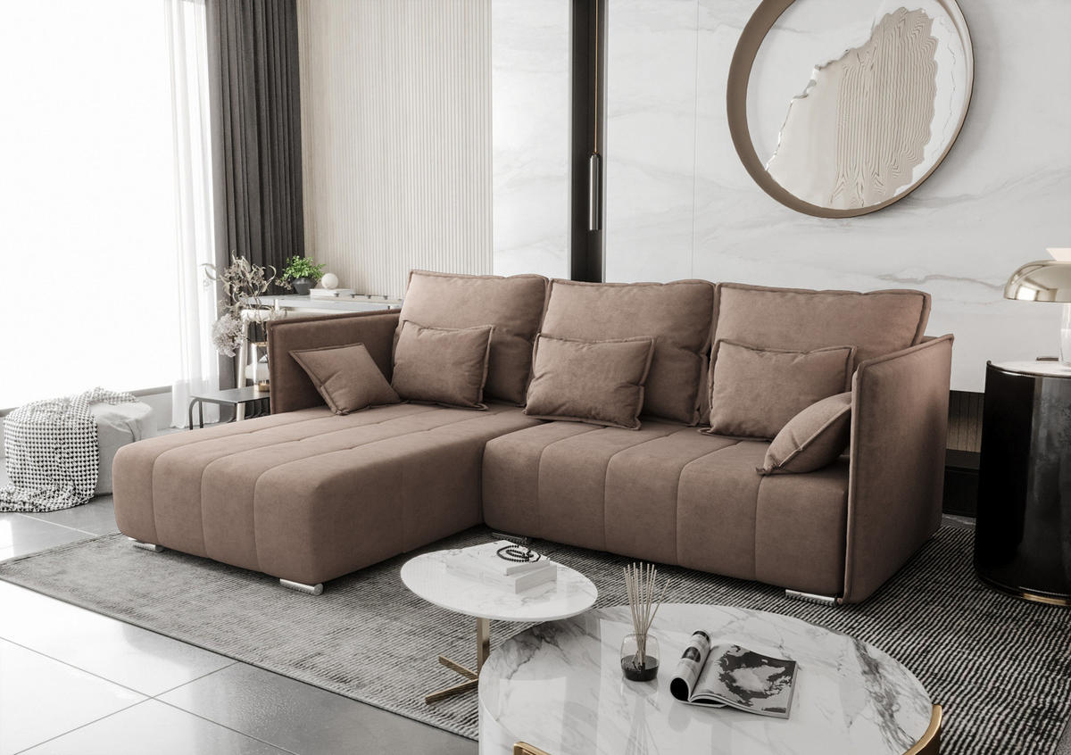 ECKSOFA L Form Florinna Hellbraun 245/182/87 cm mit Schlaffunktion - Hellbraun/Chromfarben, Textil/Metall (245/182cm) - AX Living