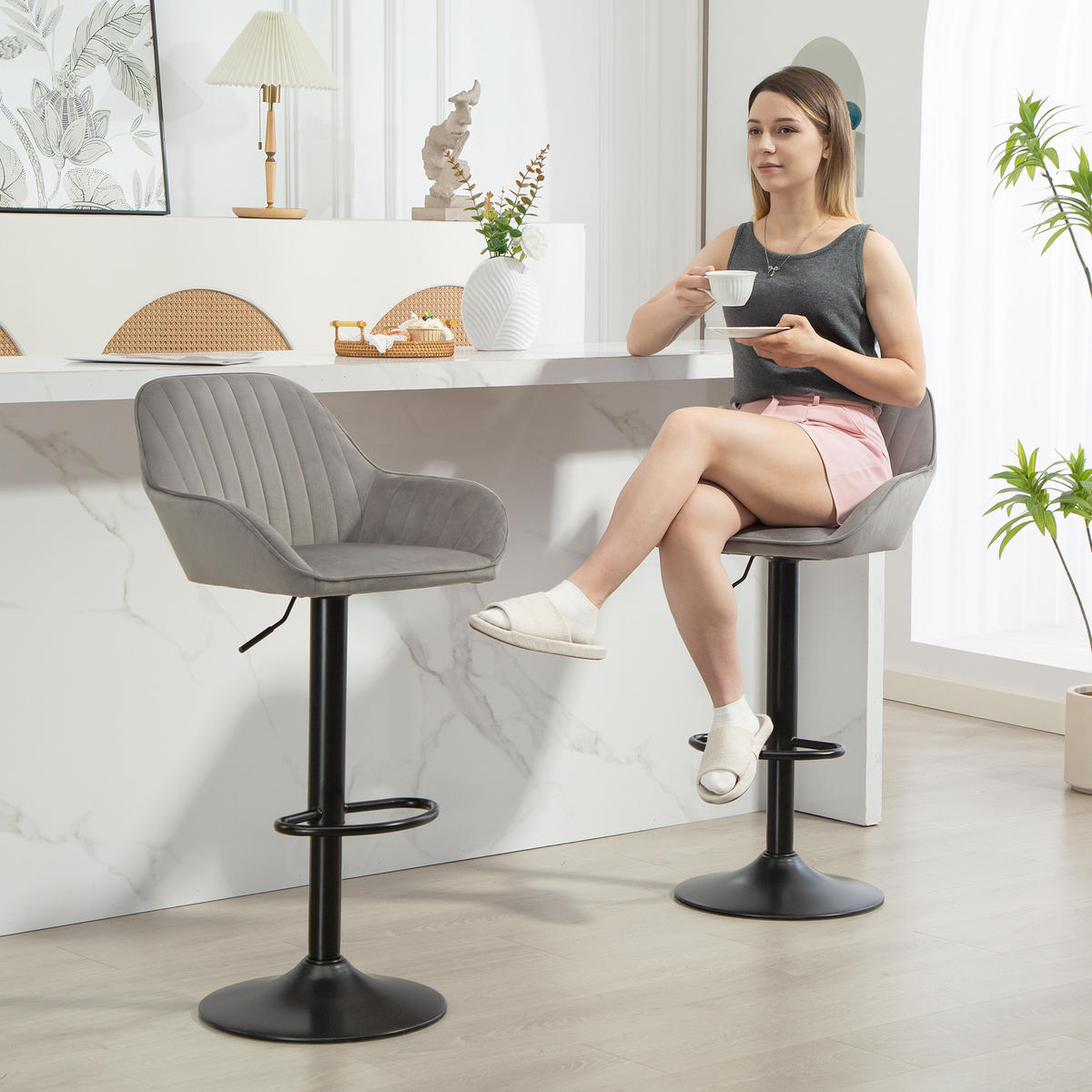 BARHOCKER 2er-Set DE-14770 höhenverstellbar & schwenkbar mit Veloursbezug Grau - Grau, Metall (50/107/50.5cm) - ComfortXL