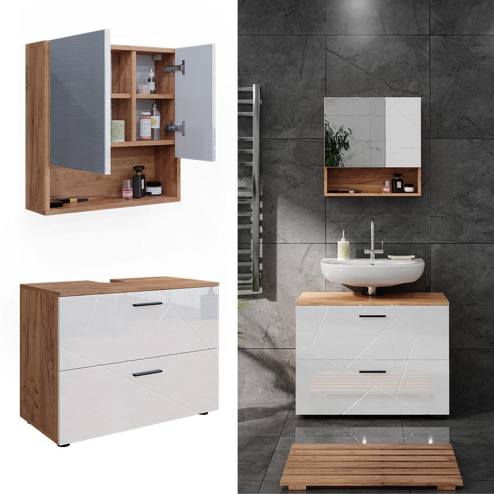 BADMÖBEL-SET Irma Weiß Hochglanz/Goldkraft Eiche 2 Teile - Honigeiche/Weiß Hochglanz, Holzwerkstoff (80/58.6/41cm) - Vicco