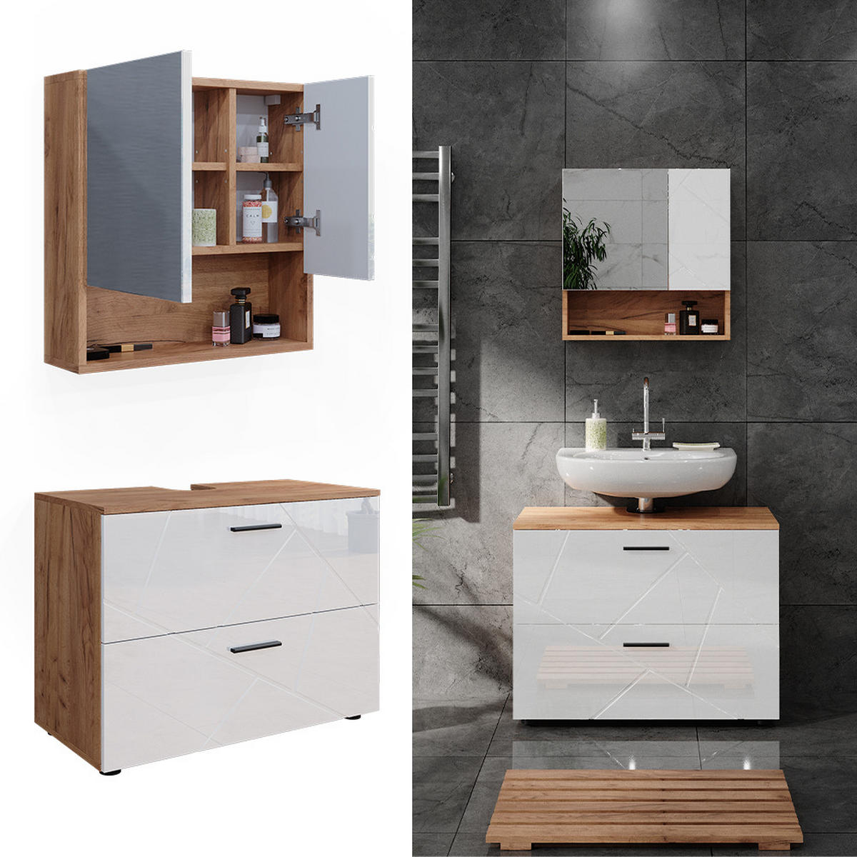 BADMÖBEL-SET Irma Weiß Hochglanz/Goldkraft Eiche 2 Teile - Honigeiche/Weiß Hochglanz, Holzwerkstoff (80/58.6/41cm) - Vicco