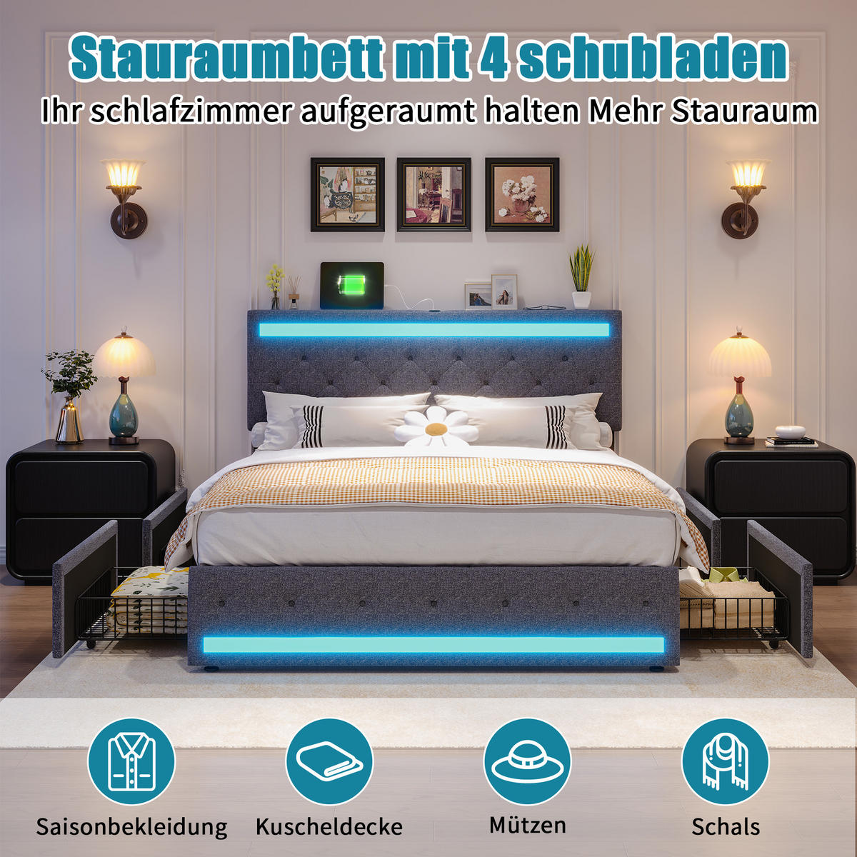 POLSTERBETT 180/200 cm, in Grau Leinenoptik Stoff, Bettkasten, Gepolstertes Kopfteil mit LED-Beleuchtung USB, 4 Metall-Stauraumschubladen - Dunkelgrau, Textil/Metall (180/200cm) - BPKADHY
