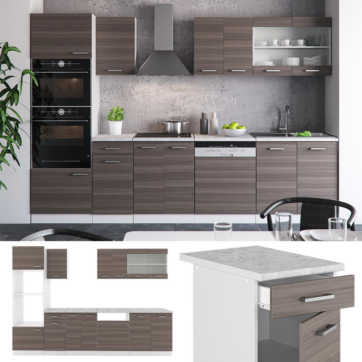 KÜCHENZEILE R-Line Edelgrau/Weiß 300 cm mit Hochschrank, AP Eiche - Braun/Weiß, Holzwerkstoff (300/81.6/60cm) - Vicco