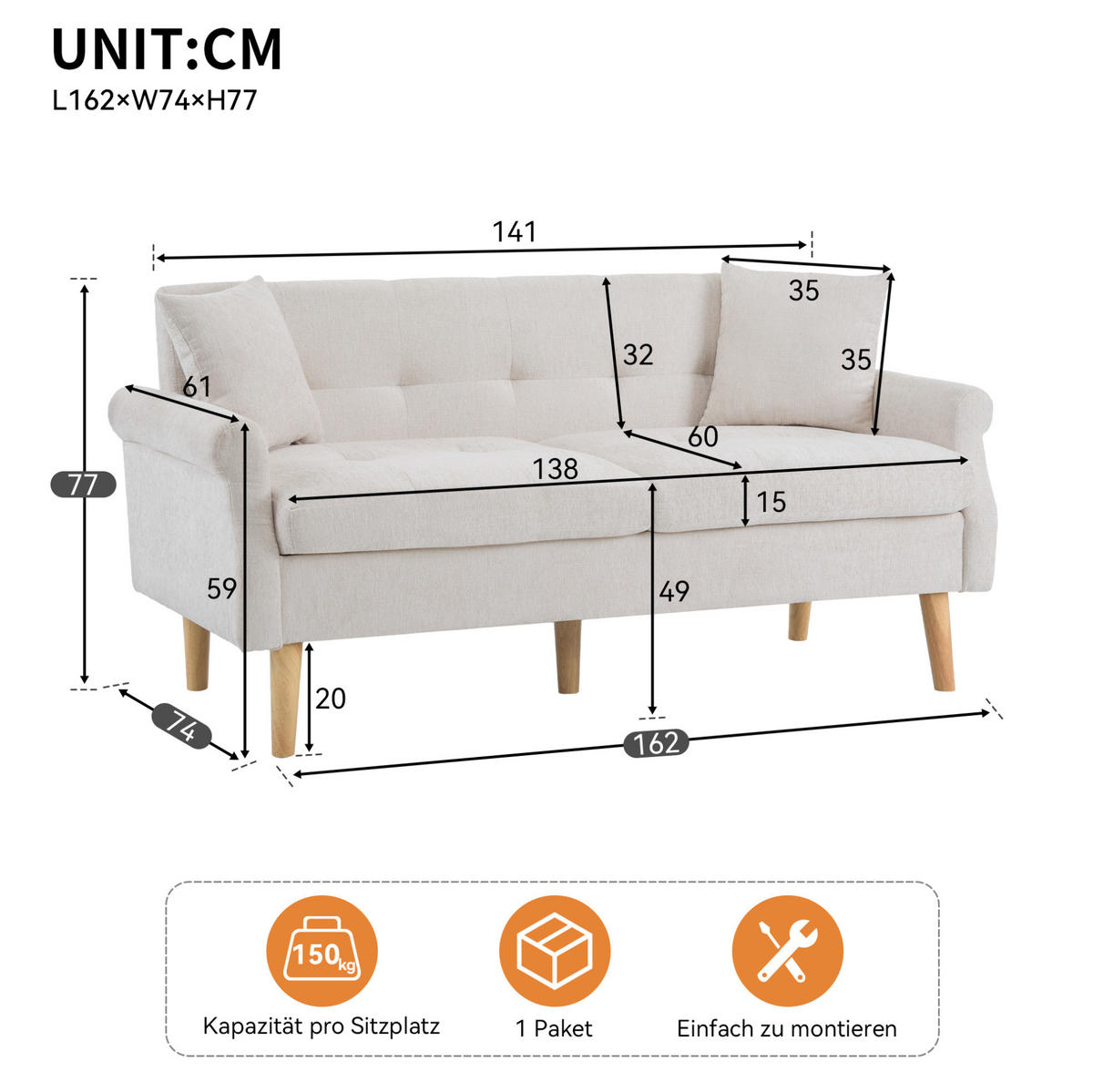 2-SITZER 162/74/77 cm Beige aus Chenille mit 15 cm Sitzkissen - Beige, Textil (74/77/162cm) - OKMYHOME