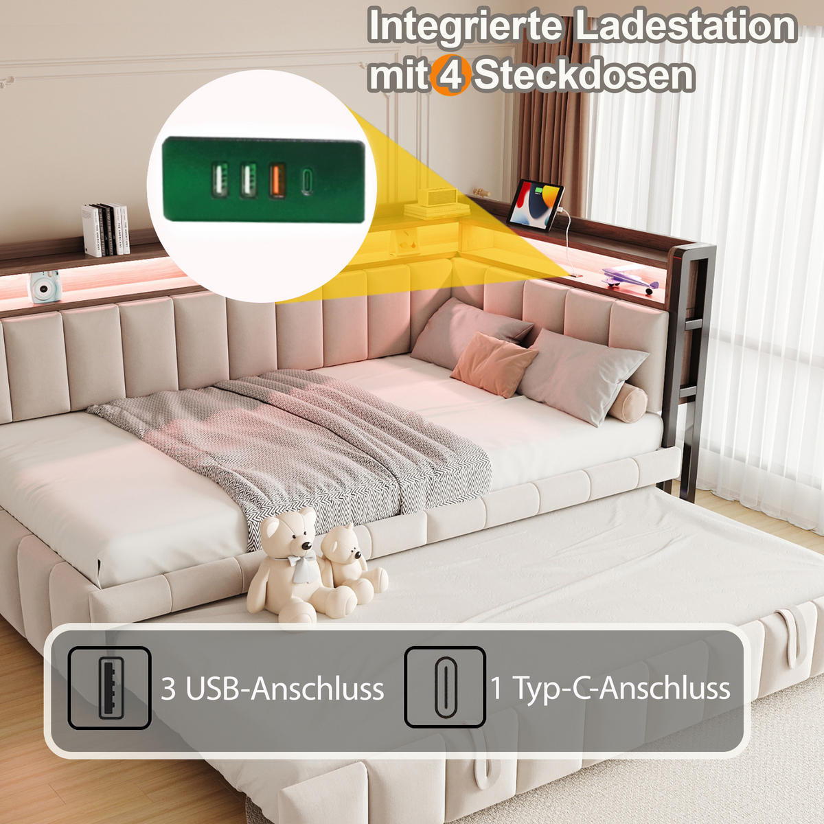 SCHLAFSOFA 90x200cm mit Ausziehbett, LED, USB-C, Beige - Beige, Textil (90/200cm) - FLIEKS