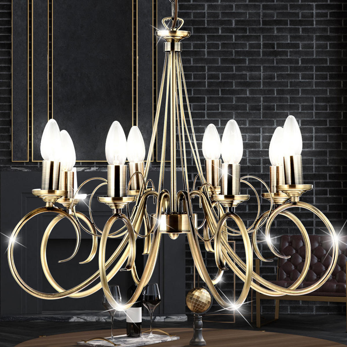 KRONLEUCHTER Altmessing Messing 8-flammig - Messingfarben, Metall (55/55/135cm) - Globo Lighting