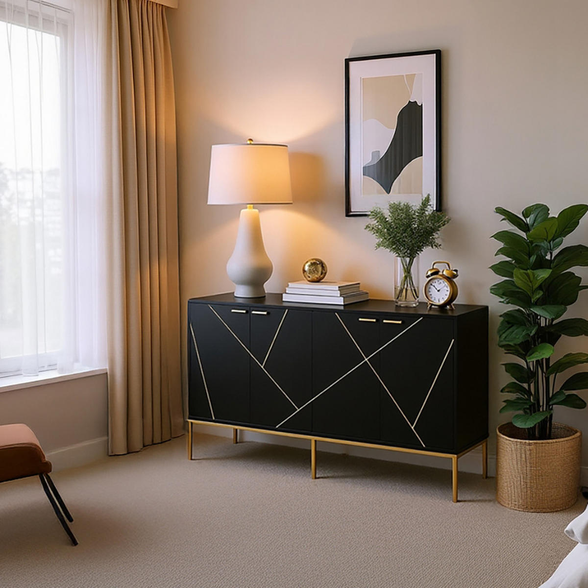SIDEBOARD Schwarz mit Goldenen Akzenten, 150/40/80cm - Buchefarben, Holzwerkstoff (150/80/40cm) - Urban Meuble