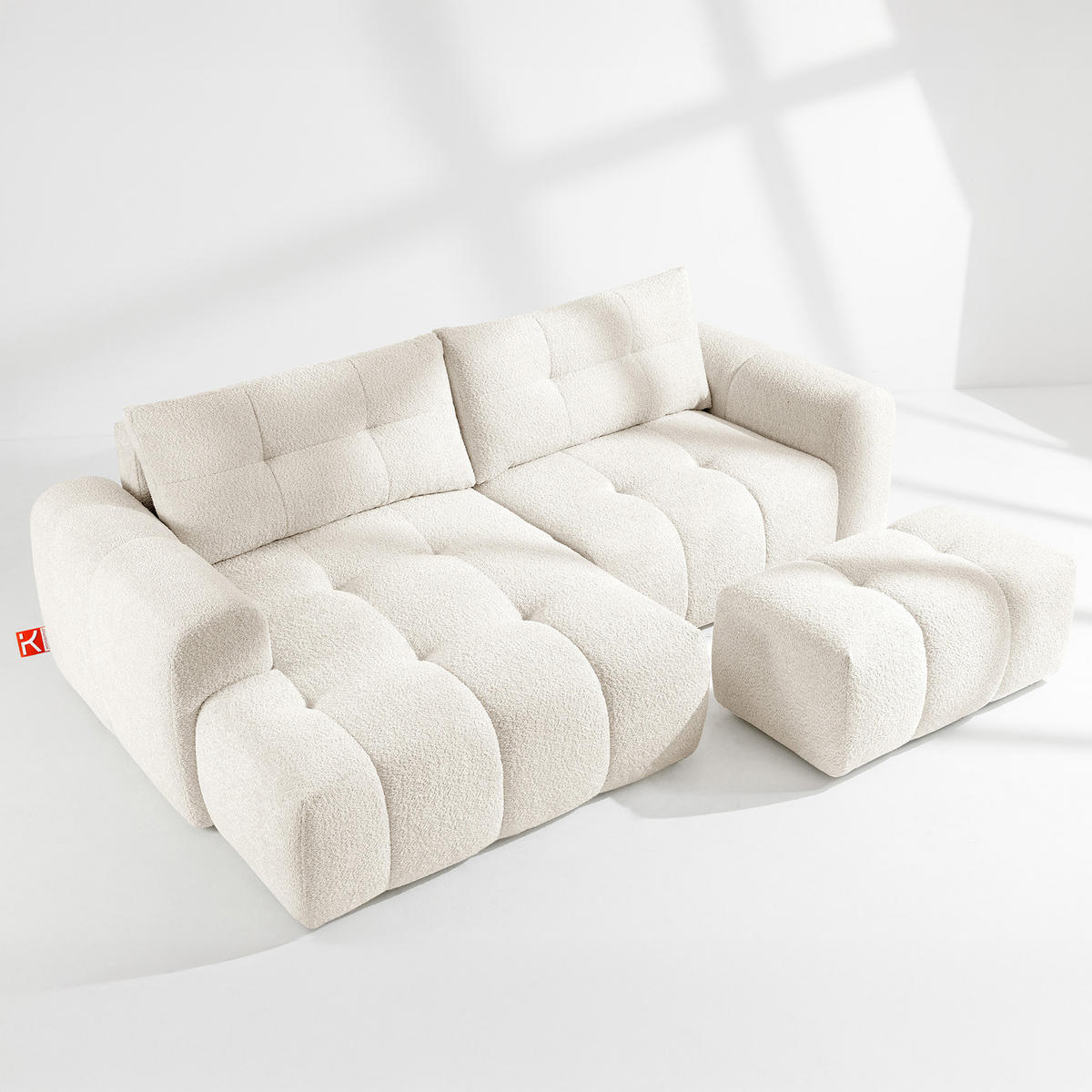 ECKSOFA MIT HOCKER RAVIA, Bouclé, Weiß - Weiß, Holz/Textil (96/50cm) - KONSIMO®