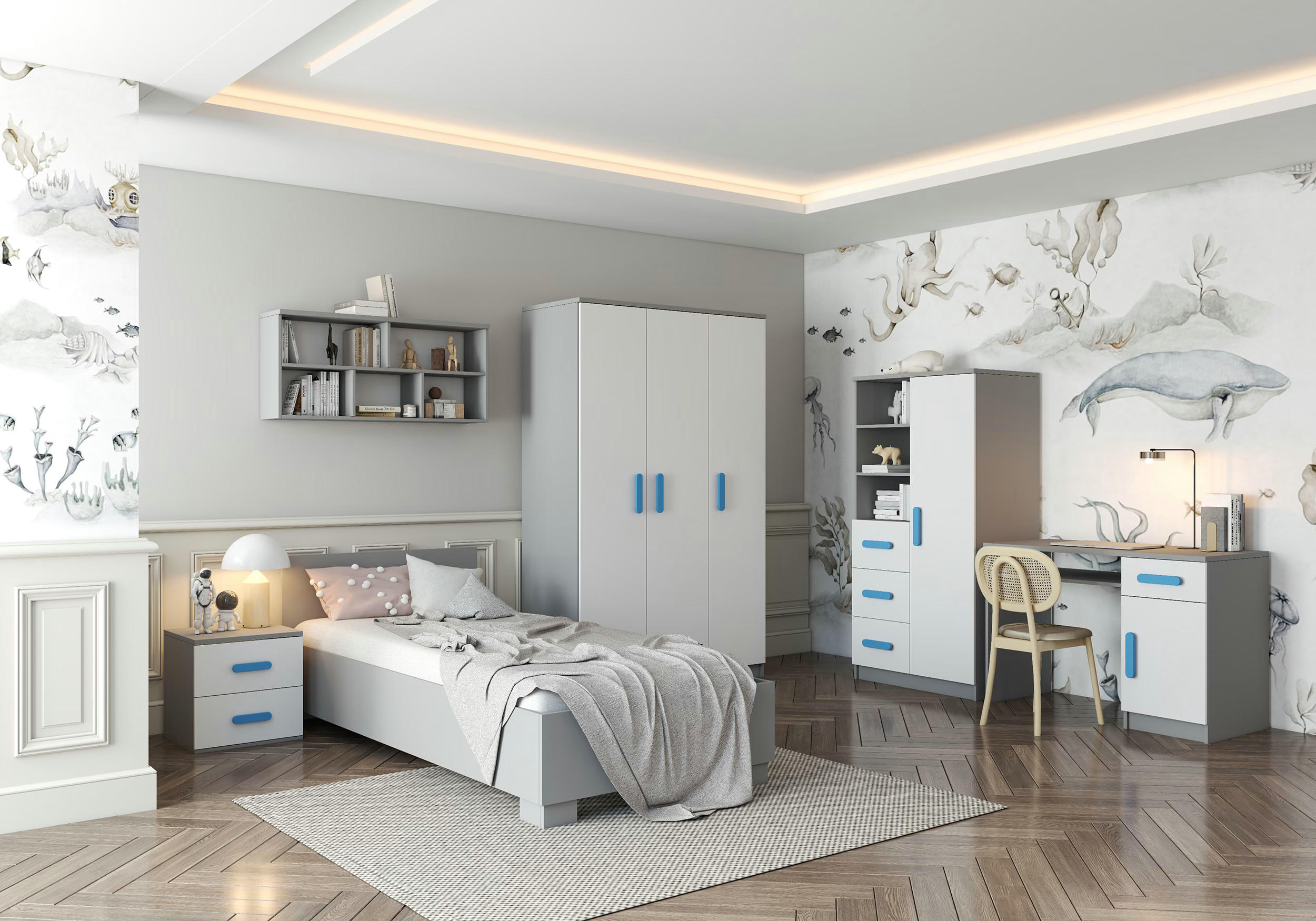 JUGENDZIMMER Elora in Grau und Weiß – 6-teiliges Set – Grifffarbe Blau - Grau, Holzwerkstoff (80/200/120cm)