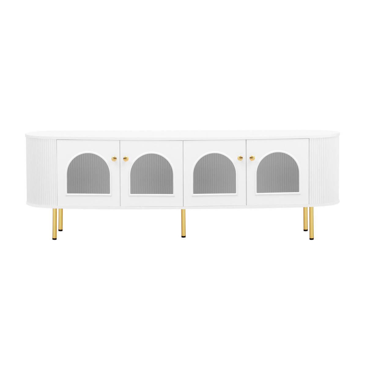 TV ormarić 170/35/55 cm bijelo-zlatni od MDF-a s 4 staklena vrata i otvorom za kabele - bijela, drvni materijal (170/55/35cm) - OKWISH