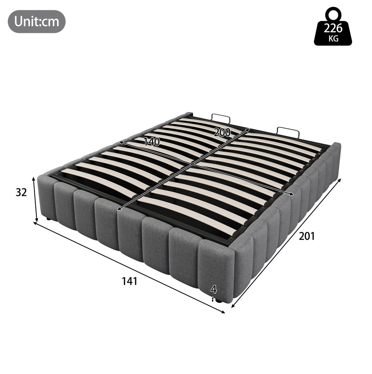 POLSTERBETT 140/200 cm mit Bettkasten in Grau – ohne Kopfteil, puristisches Design - Grau, Textil (140/200cm) - BEAOK