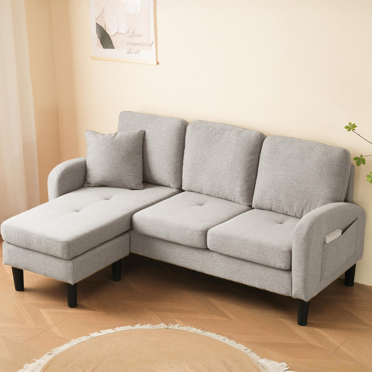 ECKSOFA Baumwoll-Leinenbezug mit modularer Chaiselongue Beige Grau Weiß 166/118/77 cm - Greige, Textil (166/118cm) - Redom