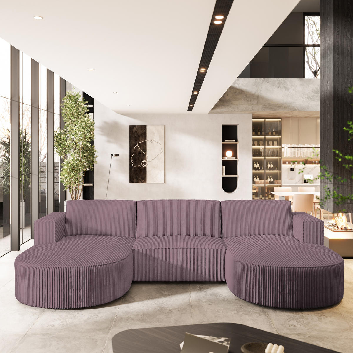 ROHOVÁ SEDAČKA VEZZO fialová - šedá/fialová, dřevo/textil (347/174cm) - MASSENO