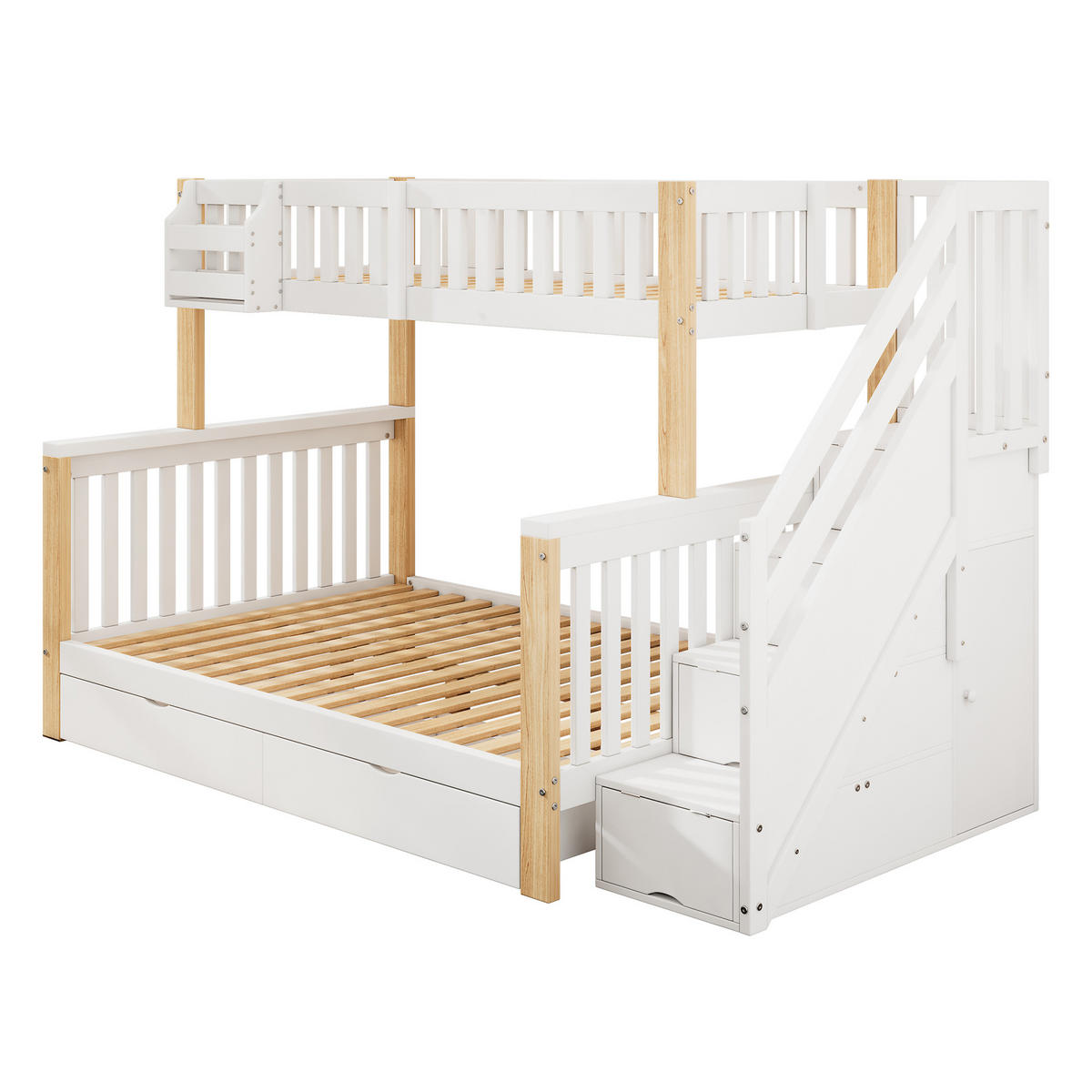 ETAGENBETT 140/200 cm Weiß-Natur mit Treppenschrank Stauraum und Schublade aus Massivholz - Weiß, Holzwerkstoff (90/200cm) - OKWISH