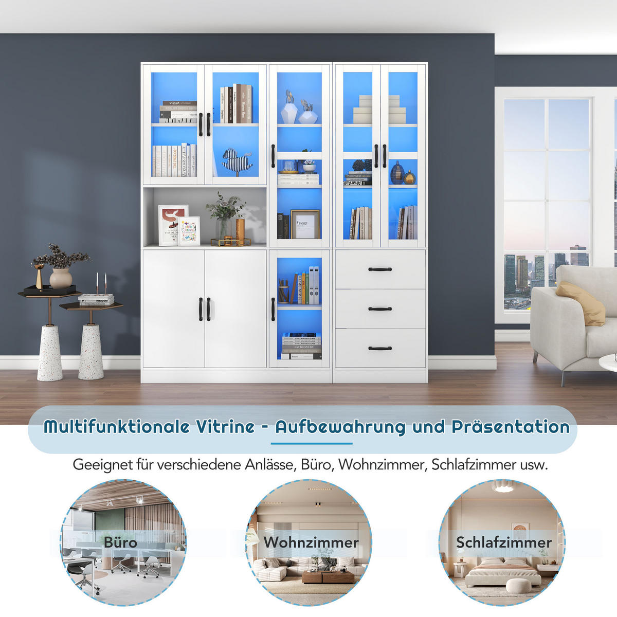 VITRINENSCHRANK 180/40/200 cm weiß aus Spanplatte mit LED und 8 Türen - Weiß, Holzwerkstoff (180/200/40cm) - OKWISH