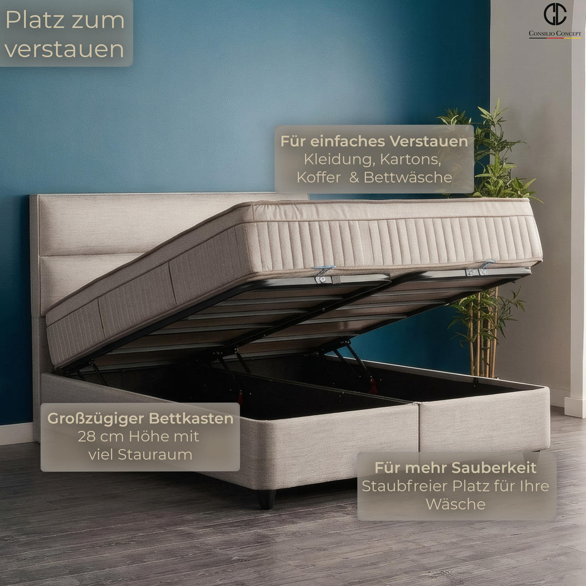 BOXSPRINGBETT MIT BETTKASTEN SEVILLA 140/200 cm, Grau, Bettkasten, Matratze, Topper integriert, H3 mittel 7-Zonen Matratze - Schwarz/Grau, Holz/Kunststoff (140/200cm) - Consilio Concept