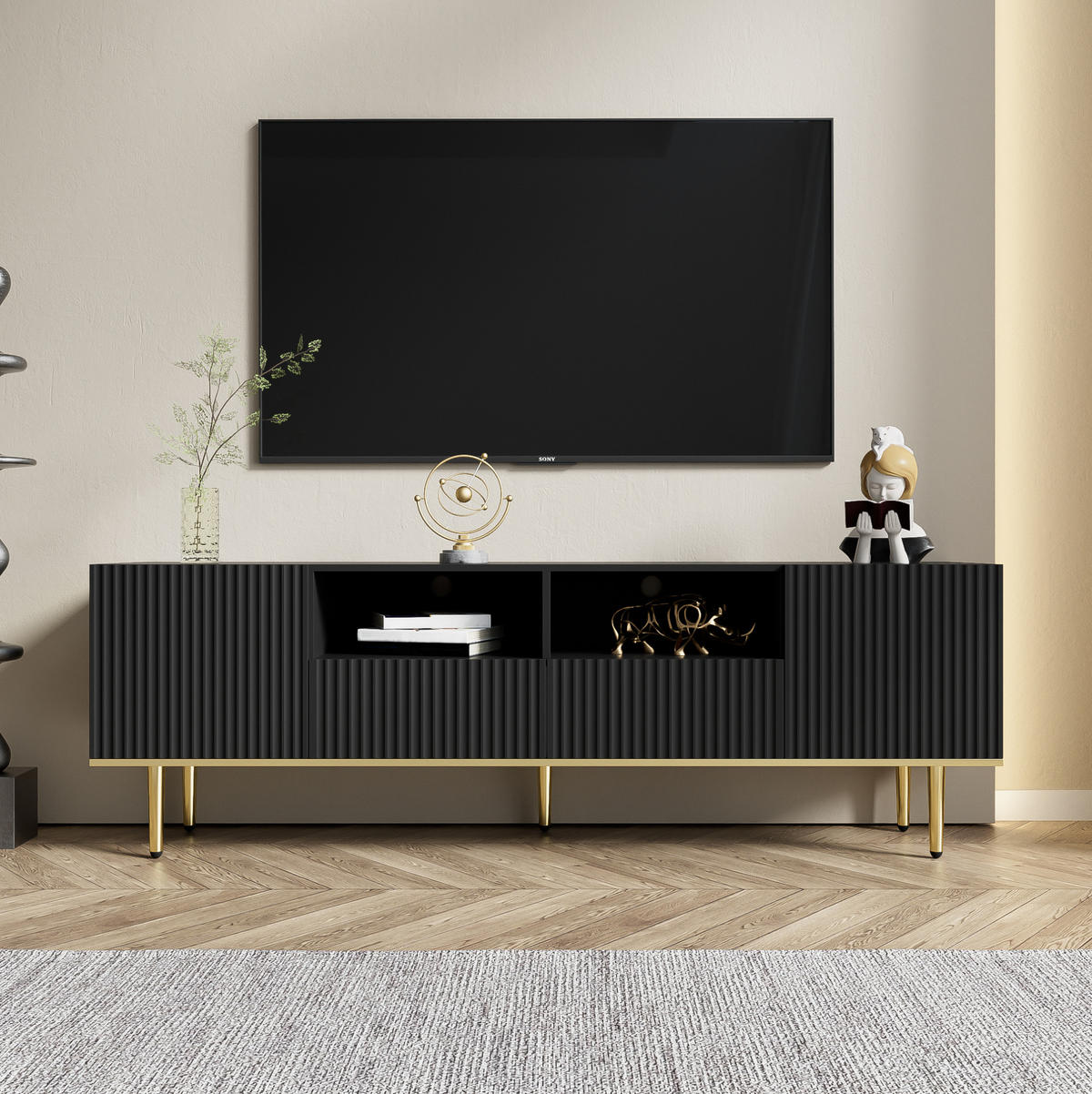 LOWBOARD 165/36/55 cm Schwarz und Gold aus Spanplatte mit griffloser Türöffnung - Schwarz, Holzwerkstoff (36/55/165cm) - OKMYHOME