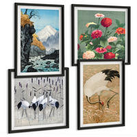 BILDER SET 4er Set - 50x50 cm & 40x60 cm Schwarzer Rahmen - Berge, Fluss, Blumen, Kraniche - Schwarz, Kunststoff (50/50cm) - TULUP