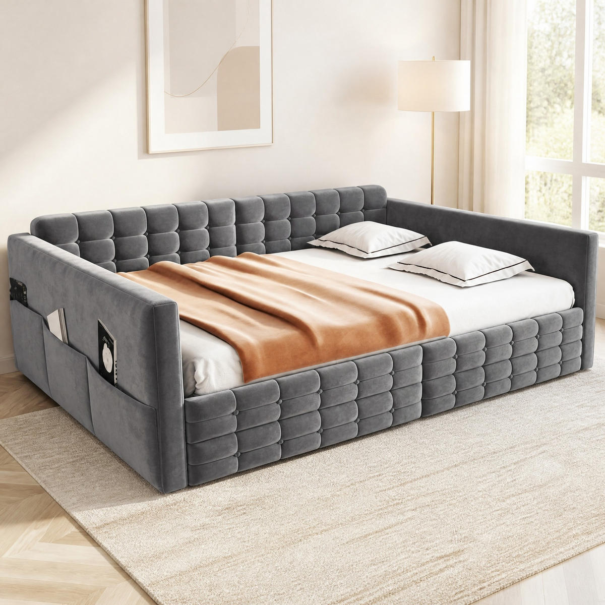 POLSTERBETT 140/190 cm aus Samt mit Stauraum, Grau - Grau, Textil (140/190cm) - OKMYHOME