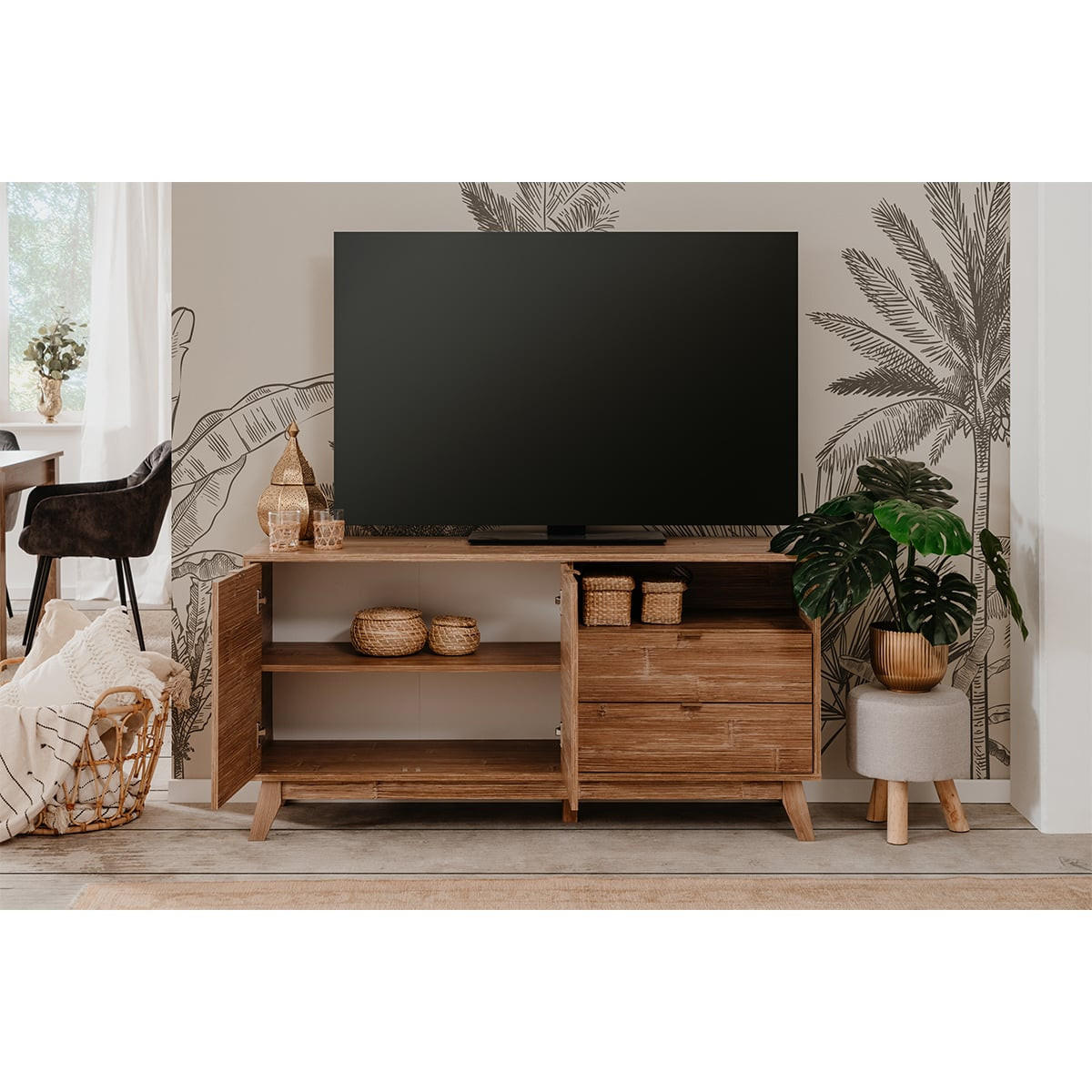 TV-MÖBEL mit 2 Türen, 2 Schubladen und 1 Nische Holzdekor L140 cm - Budapest - Braun, Holzwerkstoff (40/70/5.5cm) - Calicosy