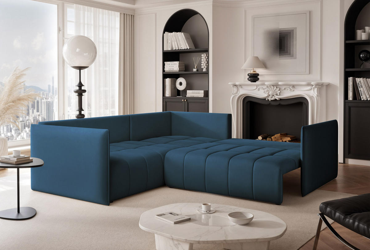 ECKSOFA OLIMPIA mit Schlaffunktion und Bettkasten Marineblau - Dunkelblau, Holzwerkstoff/Kunststoff (235/230cm) - Idohome