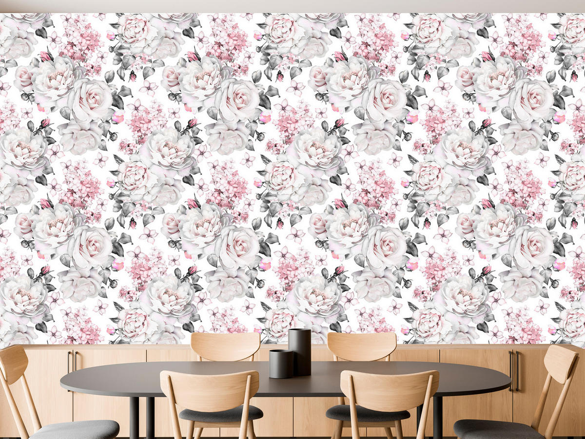 VLIESTAPETE Pastellrosen und Pfingstrosen – Rosa, Grau, Weiß – 50x1000 cm - Rosa/Weiß, Papier (50/1000cm) - Muralo