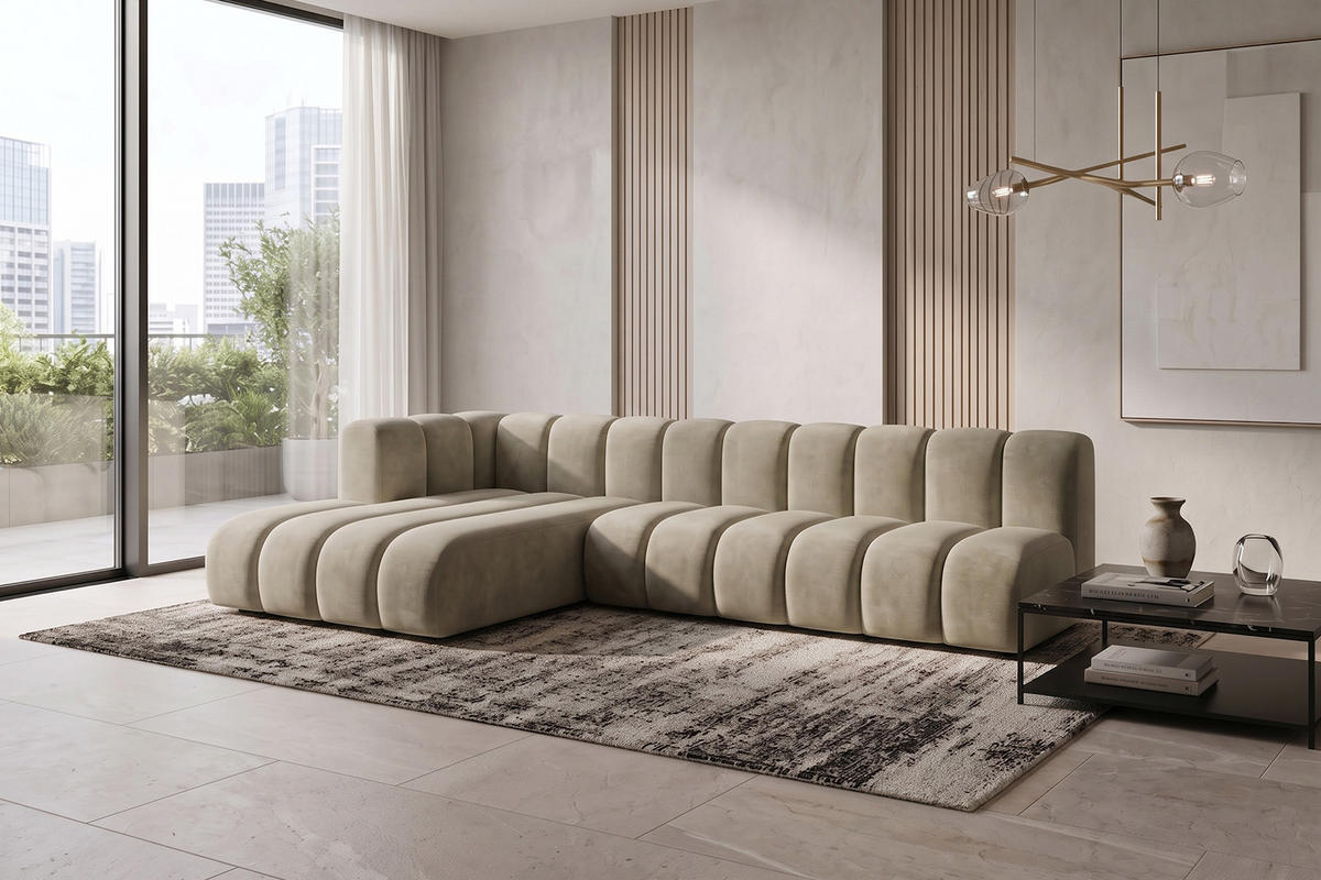 ECKSOFA Modulares In L-Form, Velvet-Stoff Riviera, Beige, Links, GRAND 295 cm - Beige, Holz (295/179cm) - Kaiser Möbel
