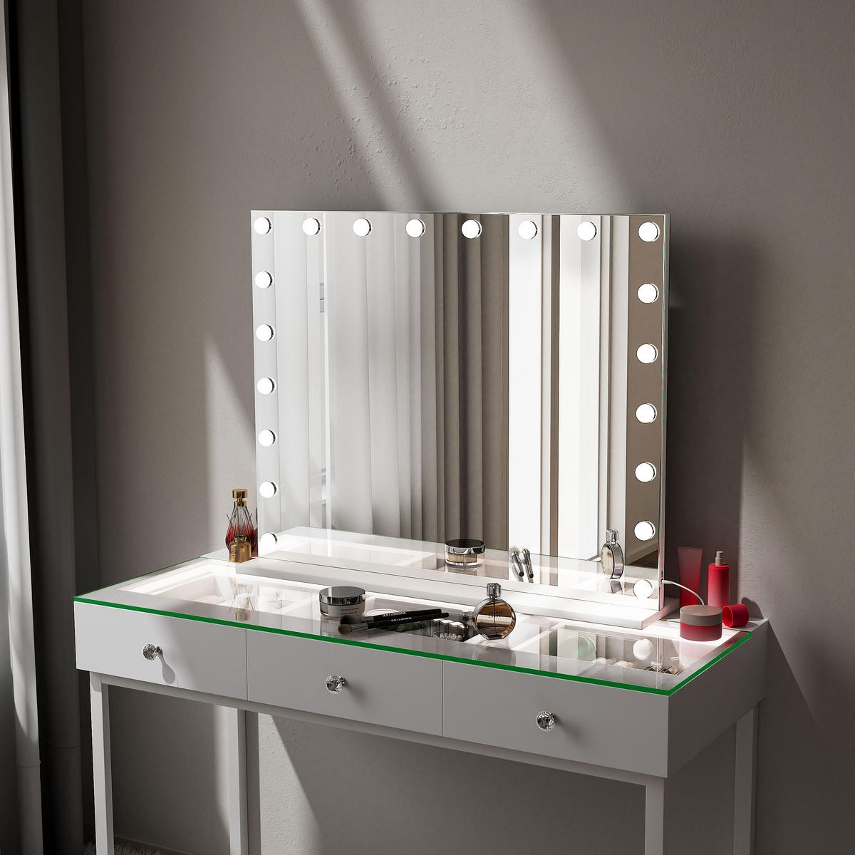 SCHMINKSPIEGEL mit LED-Beleuchtung weiß 100/80 cm - Weiß, Metall (100/80/15cm) - VANITII