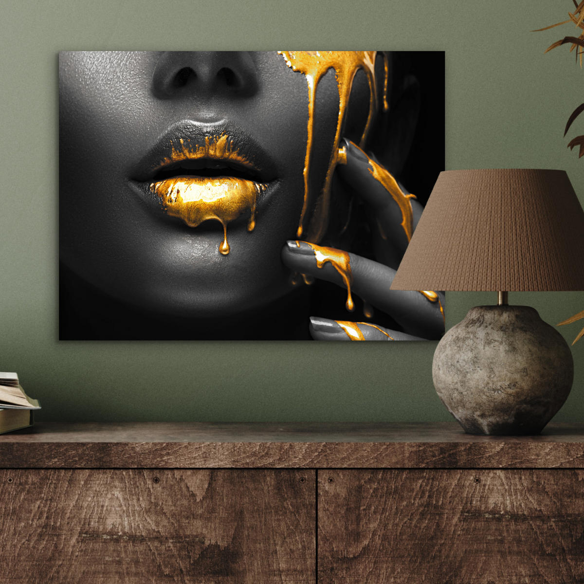 METALLBILD Frau - Schwarz - Gold - Gesicht - Lippen 40x30 cm - Goldfarben, Metall (40/30cm) - MuchoWow