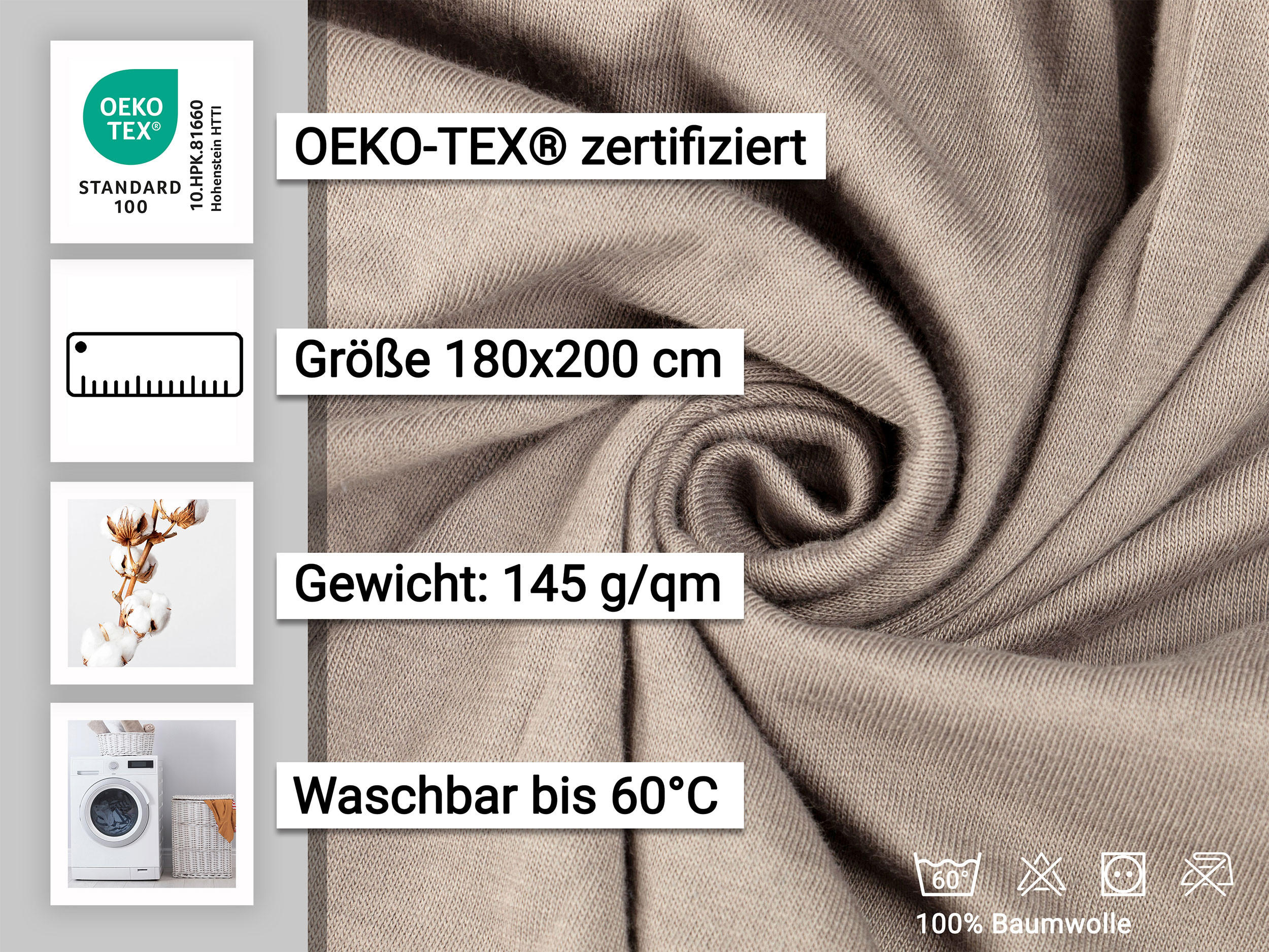 SPANNBETTLAKEN, 180x200 cm, 100% Baumwolle, Taupe - Graubraun, Textil (180/200cm) - Zollner