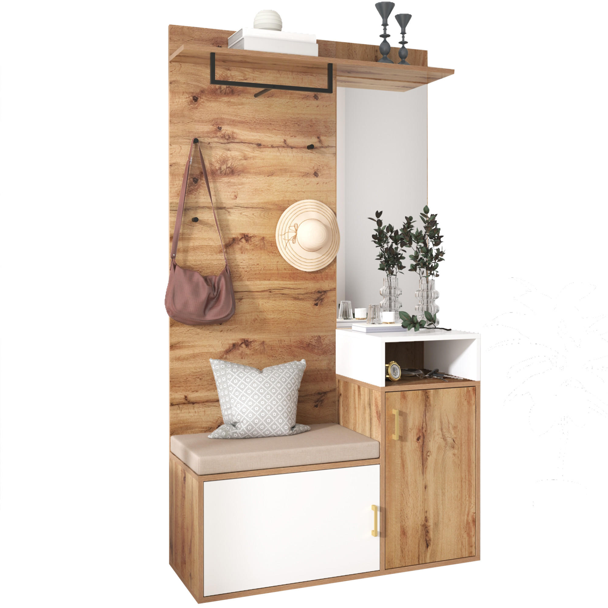 GARDEROBE mit Spiegel und Schuhablage 105/40/190,5 cm in Weiß und Holzfarben - Weiß, Holzwerkstoff (105/190.5/40cm) - BEAOK