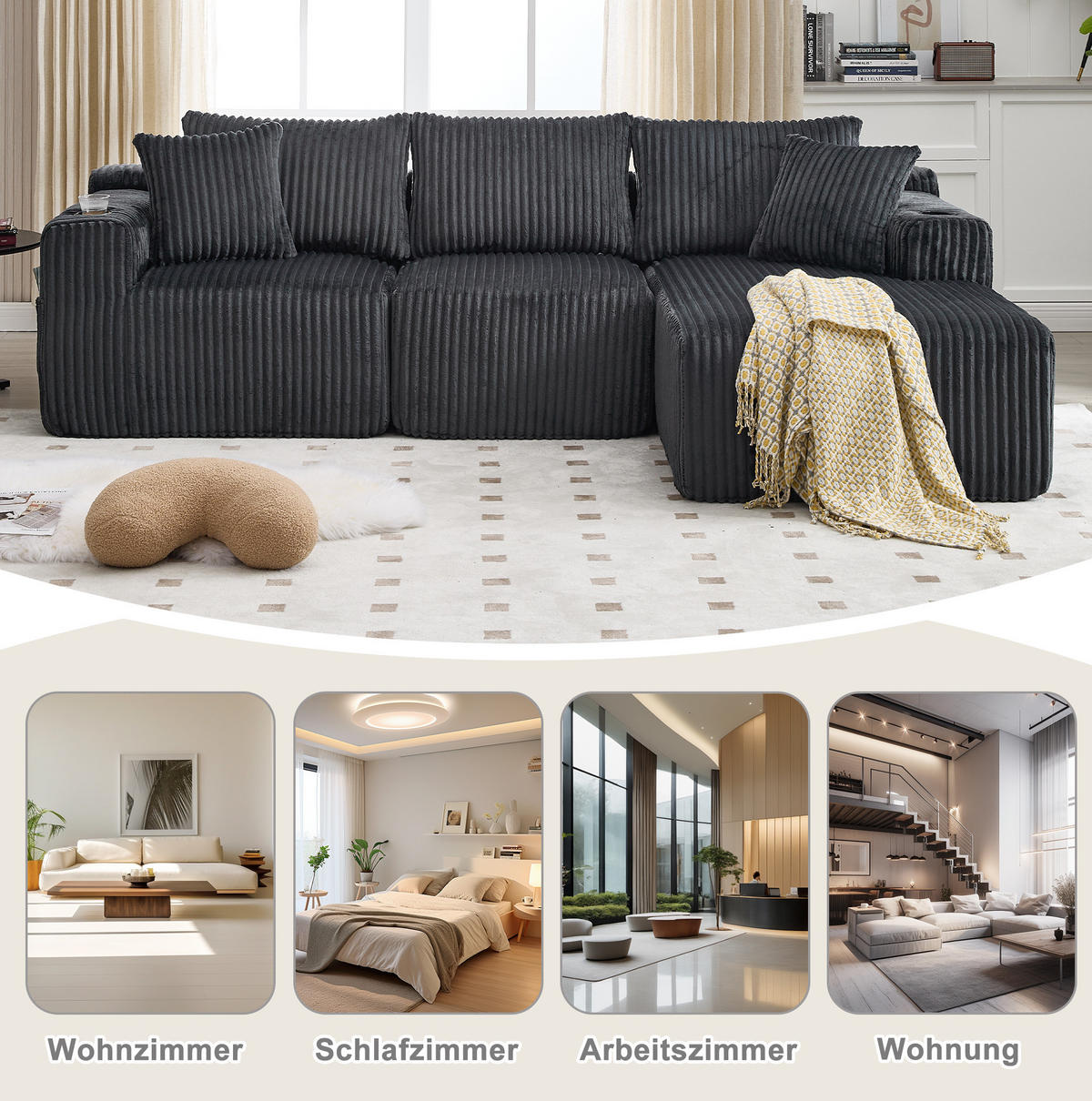 ECKSOFA 257/90-160/62 cm grau aus Cord mit 5 Kissen - Grau, Textil (160/257cm) - OKWISH
