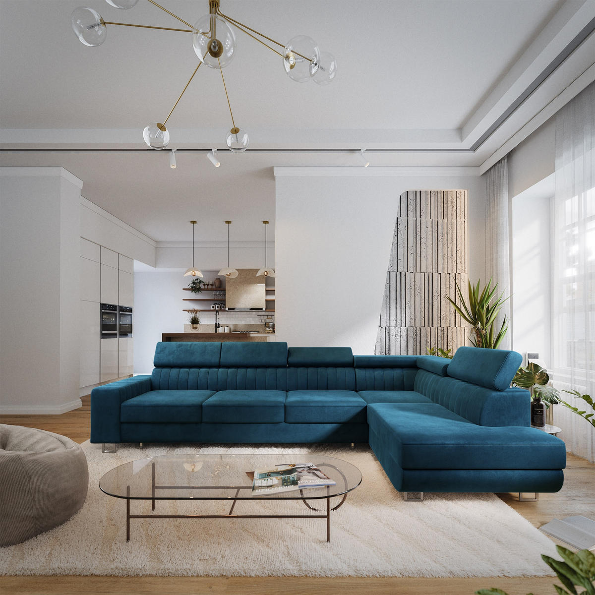 ECKSOFA HESTION Blau Velours-Stoff mit Schlaffunktion - Blau, Holz (332/190cm) - MASSENO