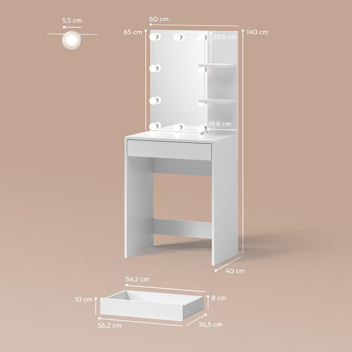 SCHMINKTISCH Nola Weiß 60 cm mit LED Beleuchtung - Weiß, Holzwerkstoff (60/140/40cm) - Livinity®