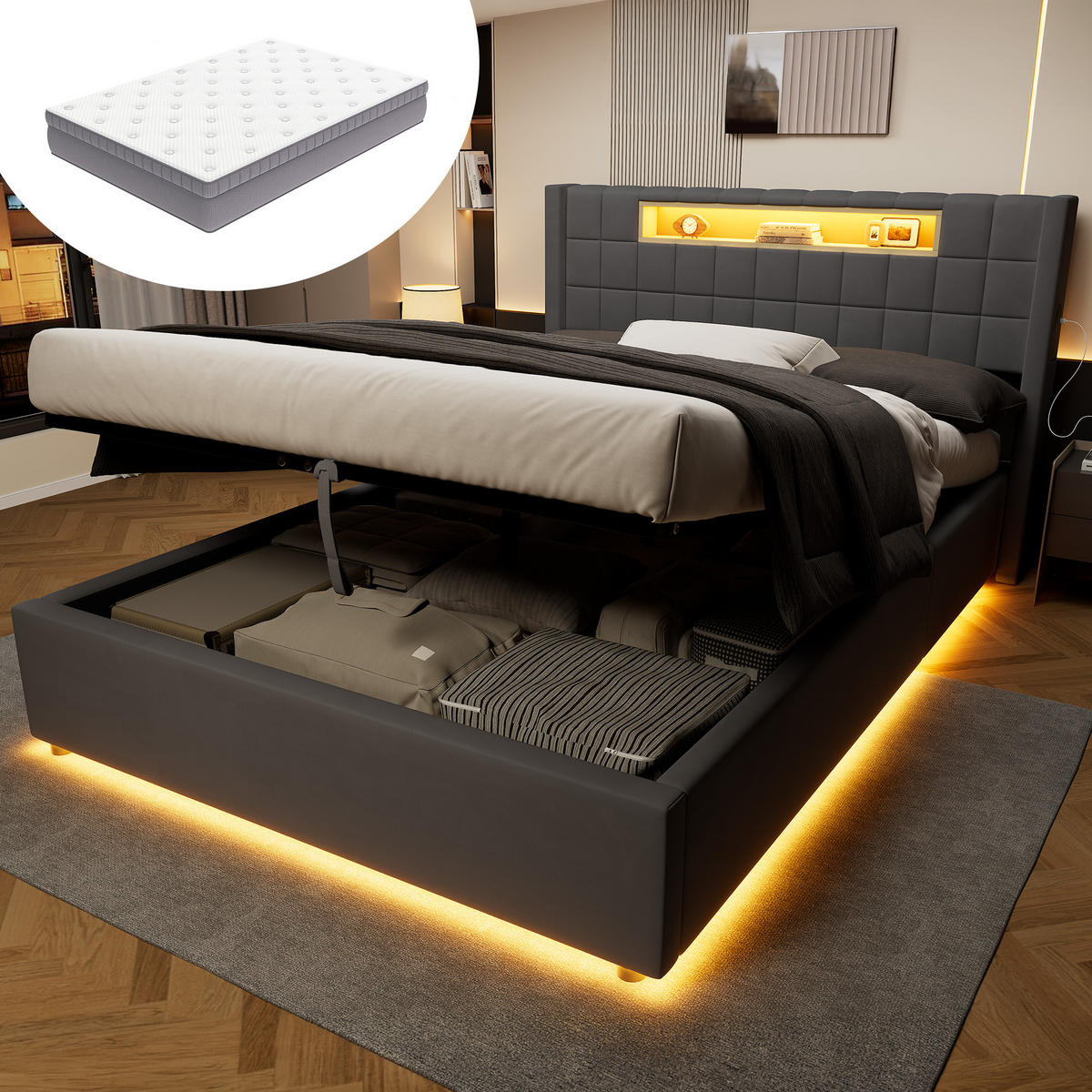 POLSTERBETT 140×200 mit Matratze, Hydraulische Bettkasten und LED Beleuchtung in Grau, Samtbezug - Grau, Holzwerkstoff/Textil (140/200cm) - STILVORA