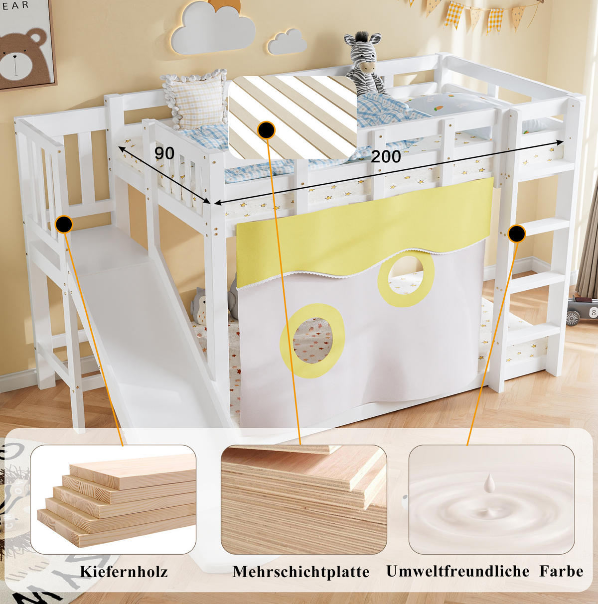 ETAGENBETT 90/200 cm Weiß mit Treppe, Rutsche und Bettvorhang - Weiß, Holzwerkstoff (90/200cm) - Flora Grace