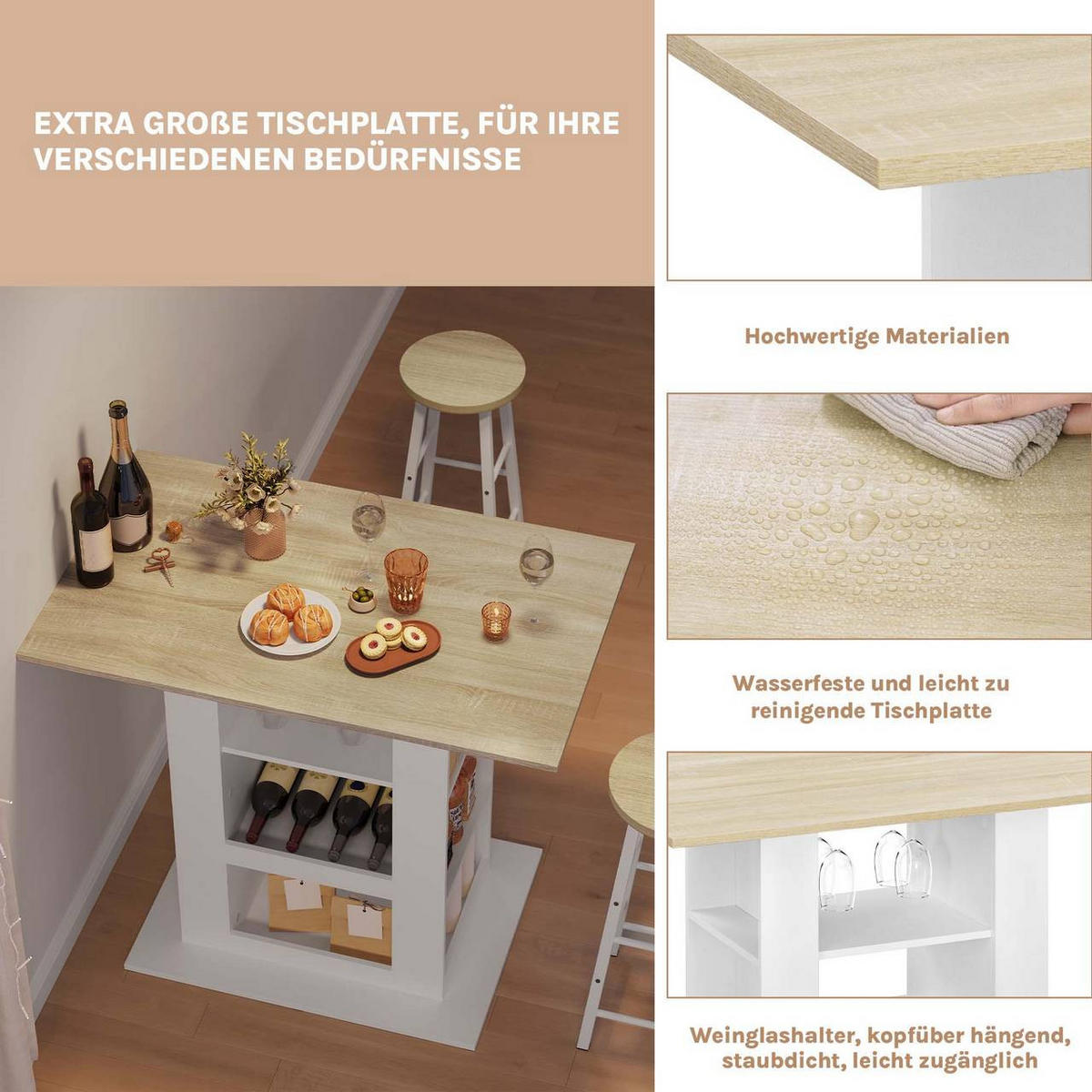 BARTISCH mit Stauraum, seitlichen Ablagen,Hell Eiche+Weiß - Eichefarben, Keramik/Holzwerkstoff (105/94/68cm) - Woltu
